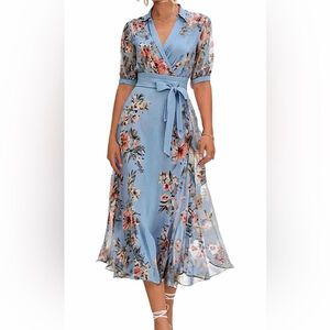 NEW Blue Floral Puff Short Sleeve V-Neck Belt Wedding Guest Midi Dress L